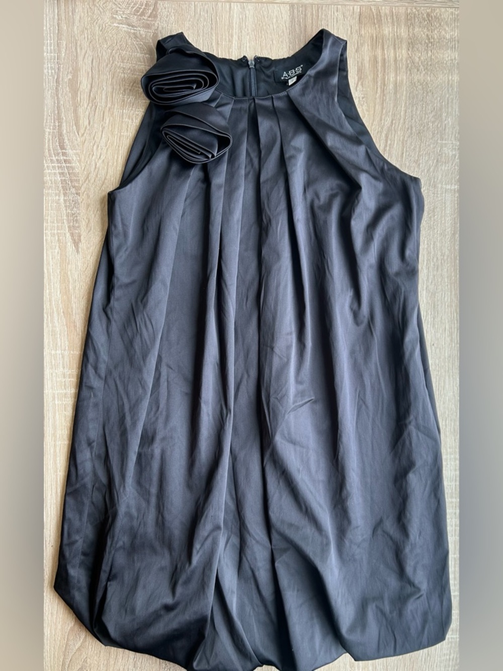 ABS Allen Schwartz Black Silk Bubble Mini Dress with Rosette Shoulder Vintage